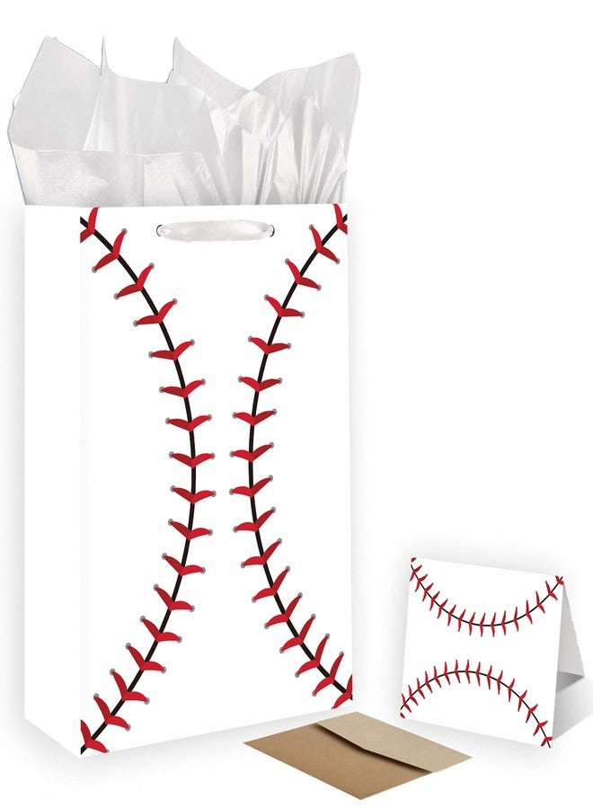 GOLDCROW Baseball Gift Bag with Birthday Card - Large Baseball Party Favor Bags, Includes Tissue Paper & Envelope - for Boys Birthday, Sports Events, Team Gifts (Goodie Bags, Wrapping Paper Alternative) - Image 1